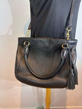J.Crew Black Pebbled Leather Satchel Crossbody Tassel Brass Hardware